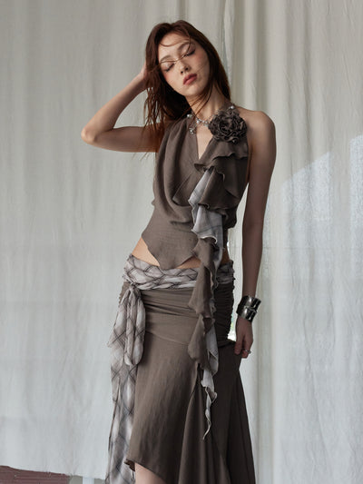 Splicing Irregular Swing Halter Neck Top/Skirt JNY0243