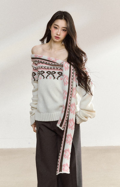 White Off-shoulder Jacquard Sweater SHI0219