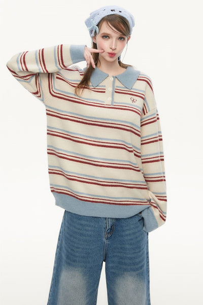 Retro Polo Collar Striped Sweater SPE0075