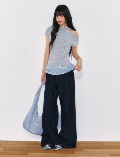 Plaid Ruffled Off-shoulder T-shirt WEE0053
