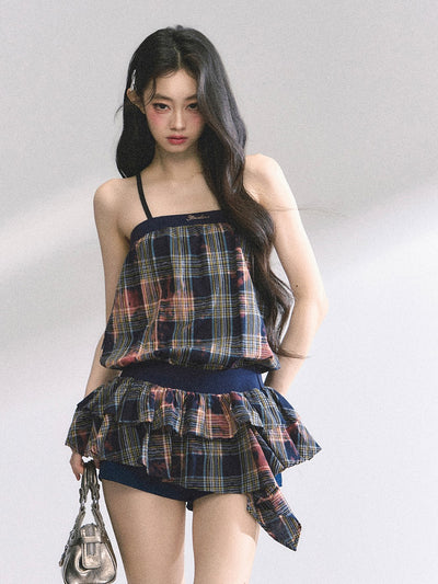 Plaid Suspender Short Dress DIA0443