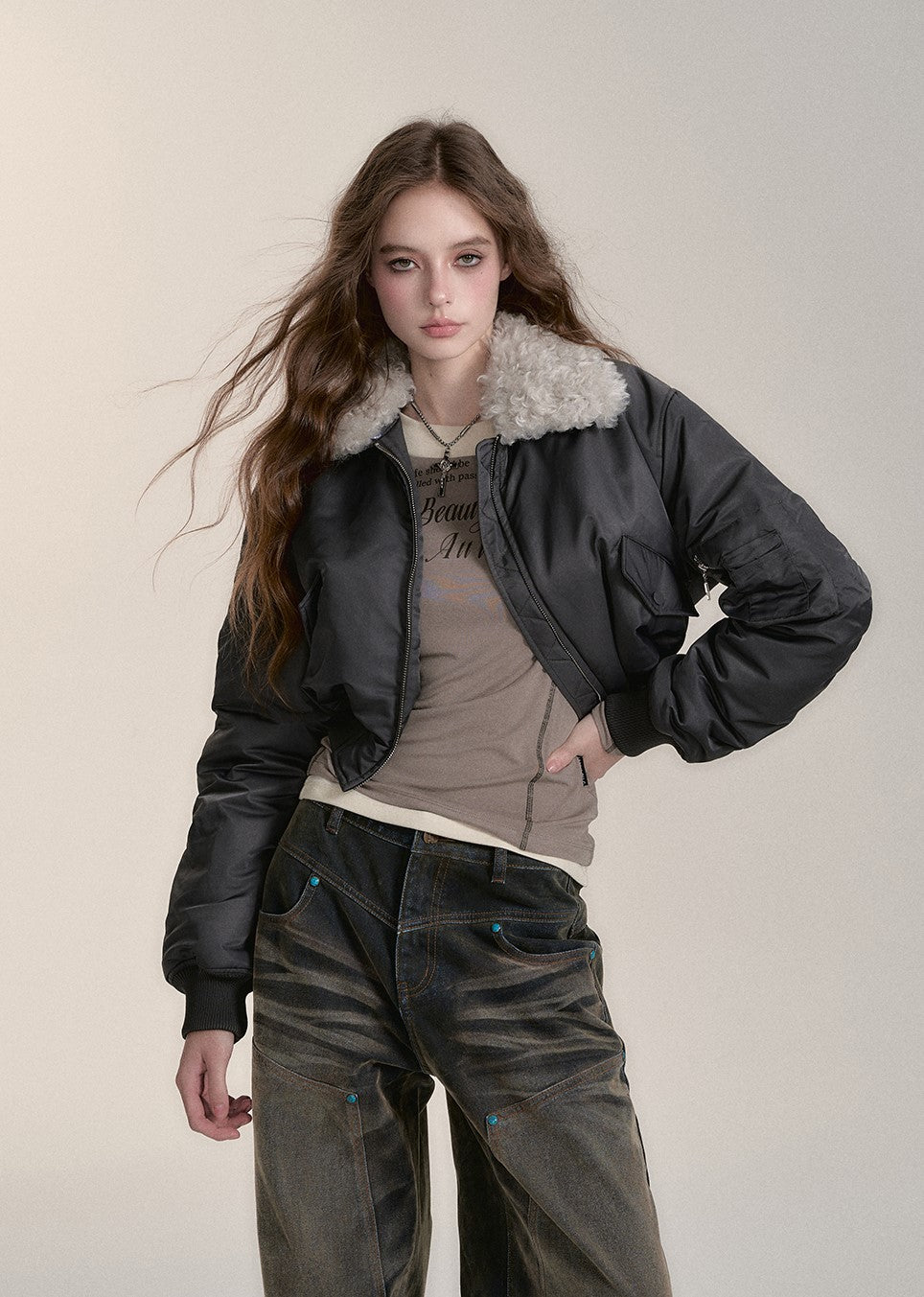 Fur Collar Short Pilot Cotton Jacket VIA0184