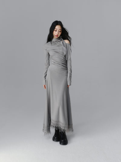 Decorated Collar Gray One-shoulder Long-sleeved Dress SAL0090