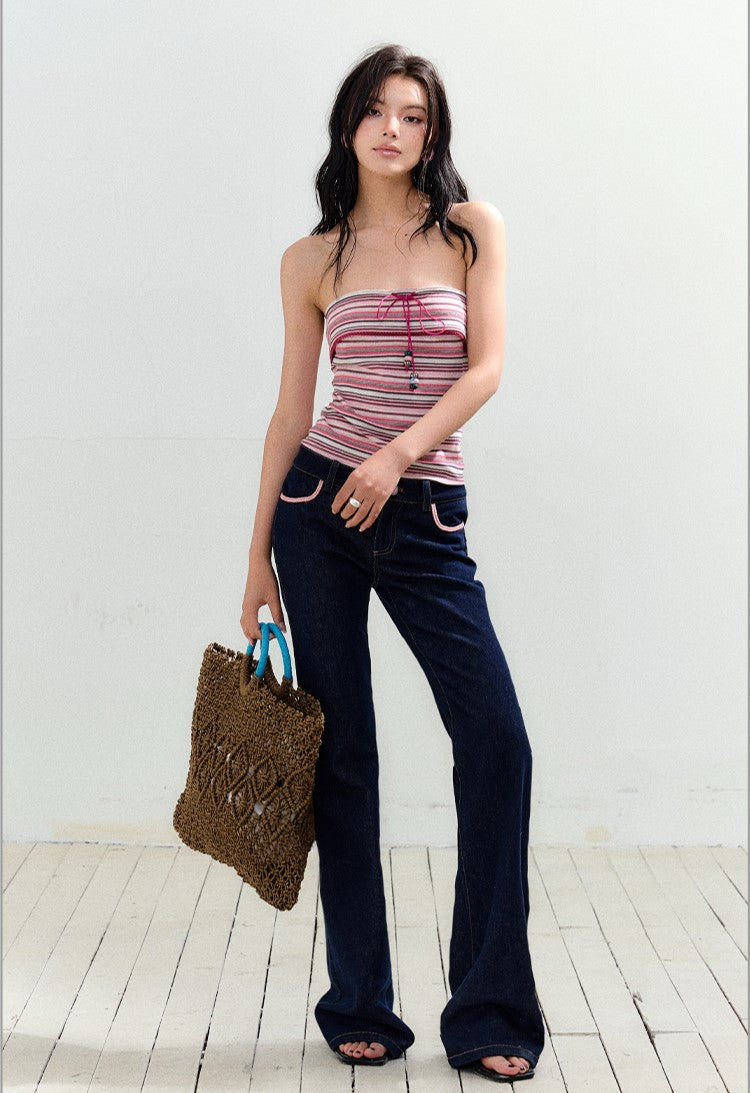 Drawstring Lace Striped Tube Top AGM0159