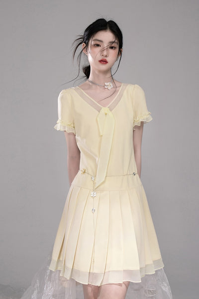 Honey Yellow Pleated Mesh Dress COT0321