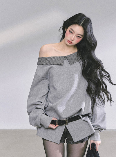 Oblique Shoulder Plaid Sweatshirt DIA0585