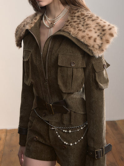 Leopard Print Large Fur Collar Jacket VIA0363