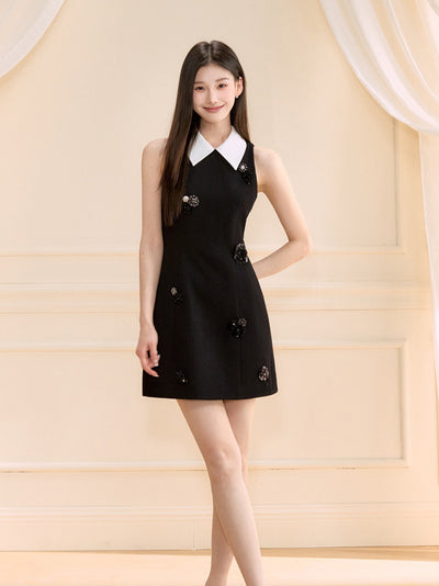 Black Sleeveless Beaded Flower Dress OSH0121