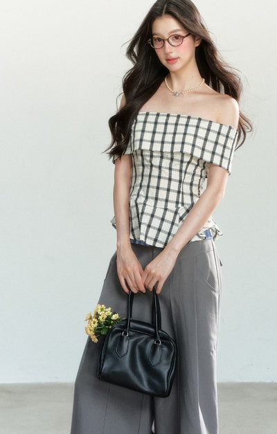 Splicing Plaid Off-shoulder Top SHI0161