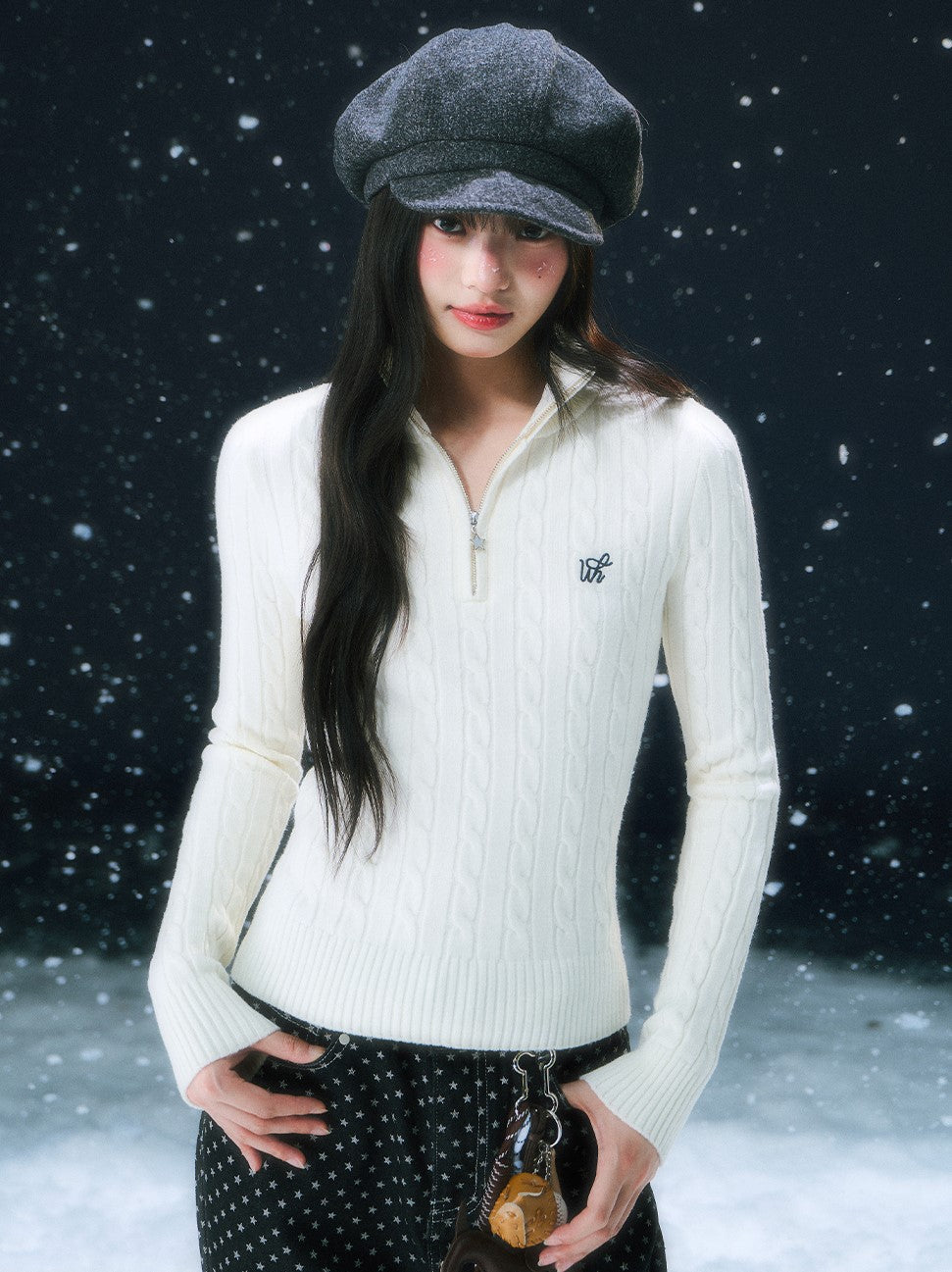 White Half-zip Cable Knit Sweater WEE0109