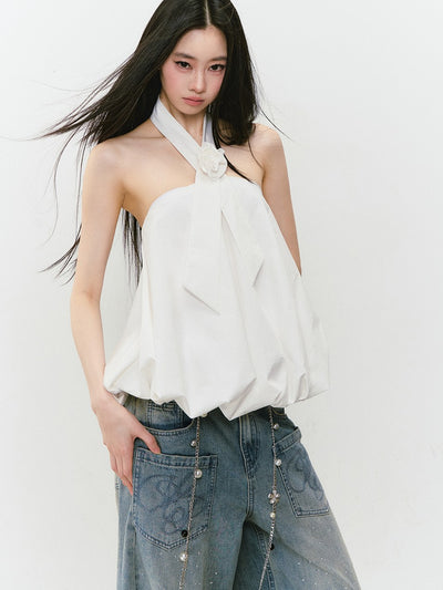 Rose Tie Fluffy Halter Neck Top VIA0301