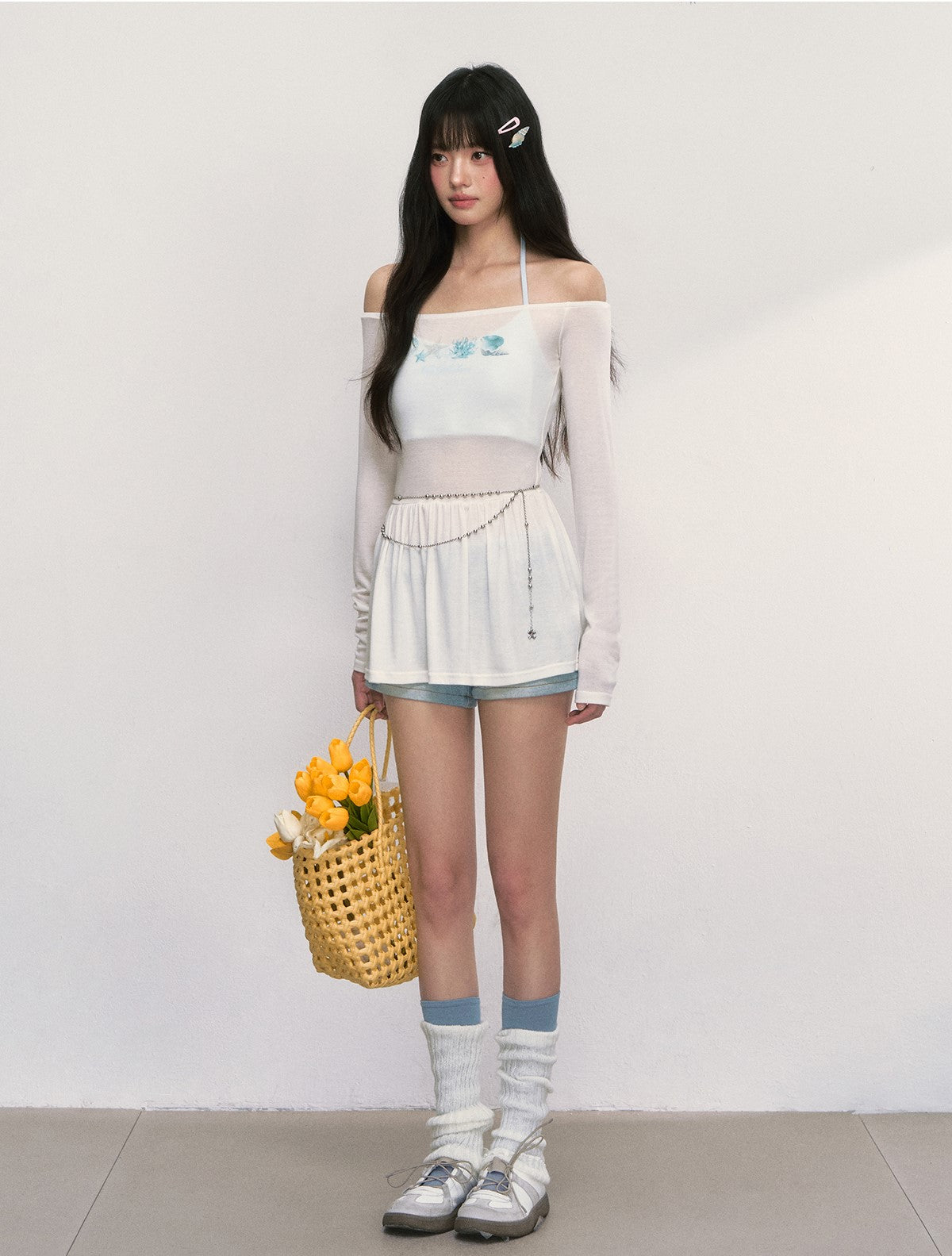One-shoulder Tulle Sunscreen T-shirt WEE0014
