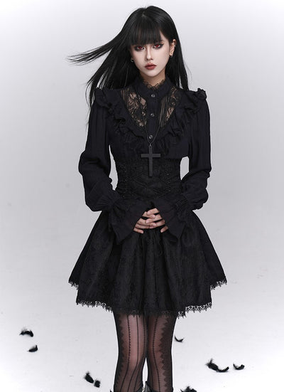 Black Long-Sleeved Lace Shirt LAD0244