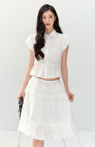White Lace Short-sleeved Shirt/Skirt SHI0136