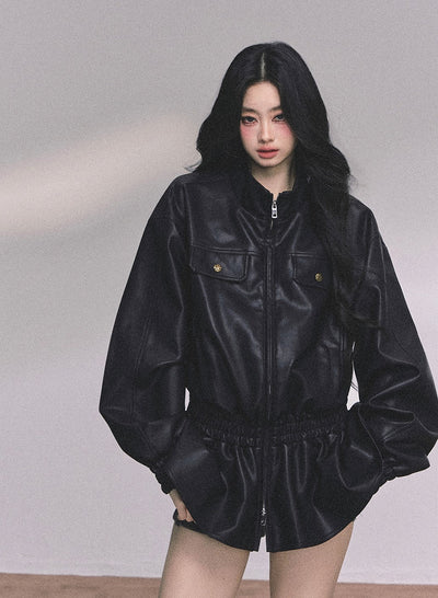 Stand Collar Black Leather Jacket DIA0603