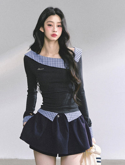 Fake Two-Piece Off-Shoulder Plaid T-Shirt DIA0575
