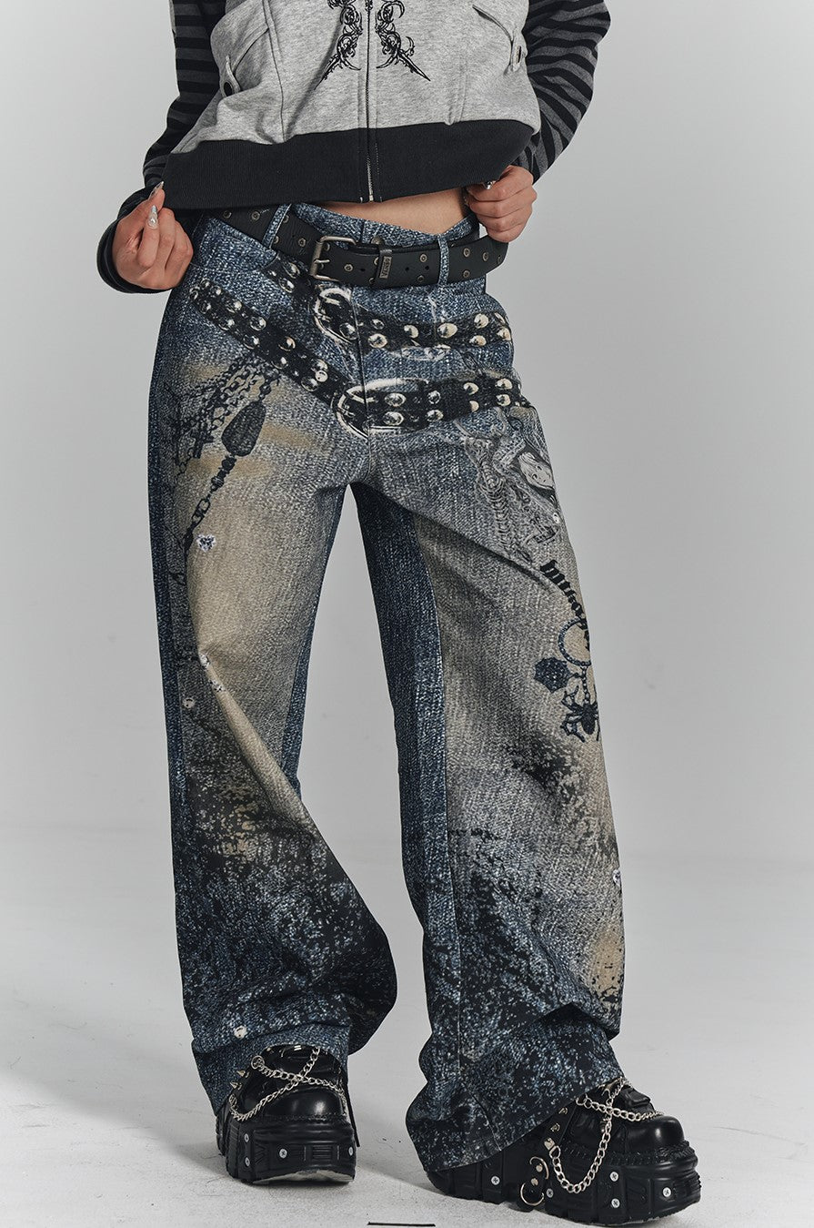 Chain Digital Print Wide-leg Jeans KIN0132