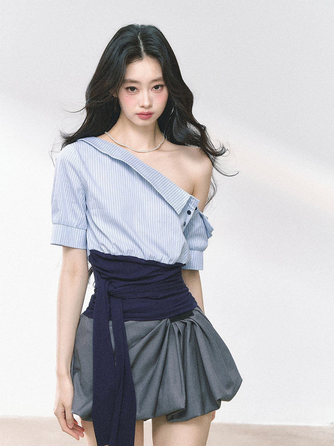Oblique Shoulder Striped Shirt/Dress DIA0463