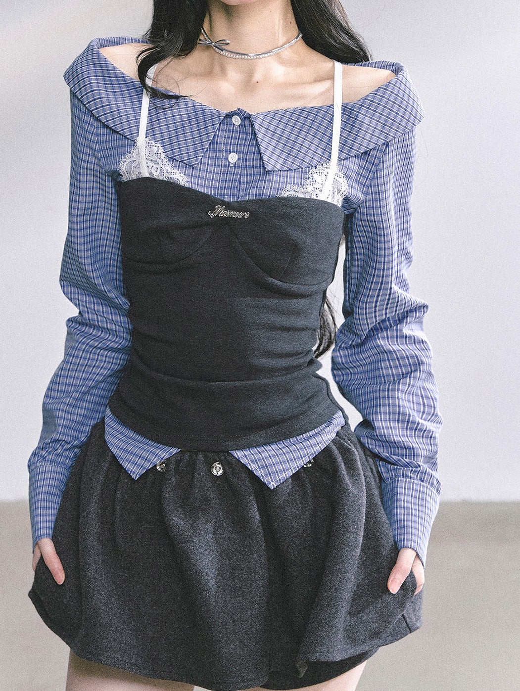 Fake Two-piece Plaid Lace Shirt DIA0573