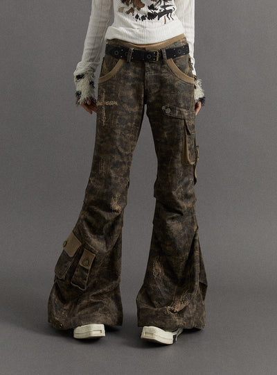 Punk Street Low Waist Flared Pleated Distressed Camouflage Pants NOR0129