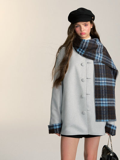 Double-sided With Scarf Retro Casual Plaid Short Woolen Coat QDQ0083