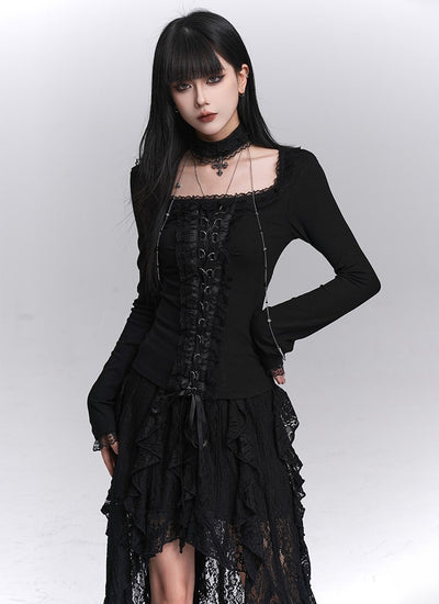 Black Long-Sleeved Lace Slim T-shirt LAD0248