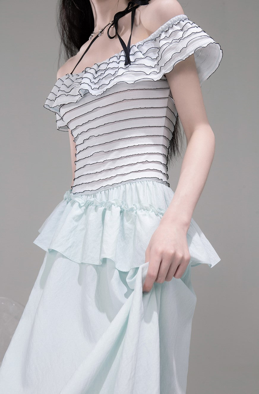 One-shoulder Splicing A-line Waist Dress COT0313