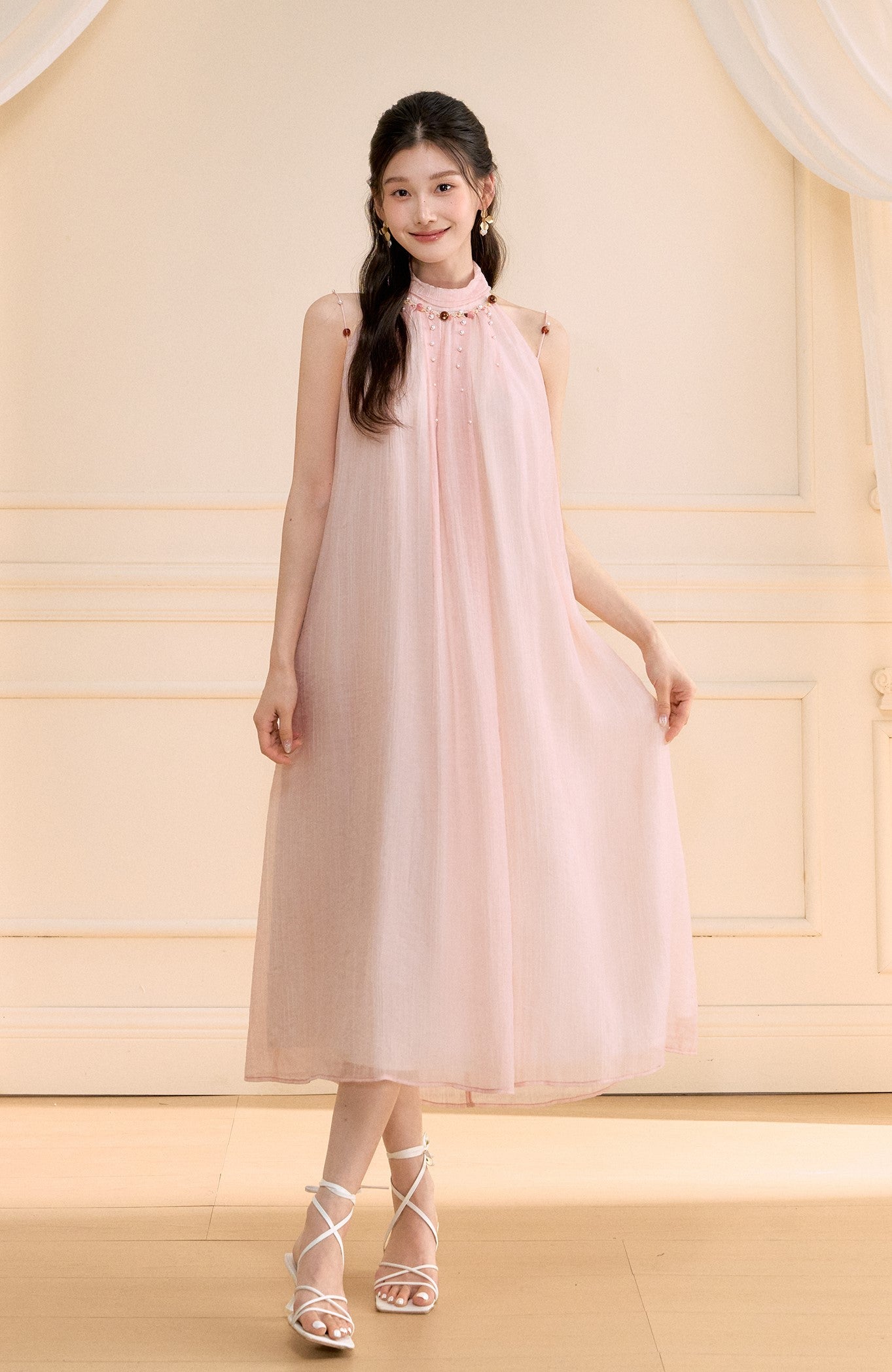 Halter Neck Beaded A-line Long Dress OSH0171