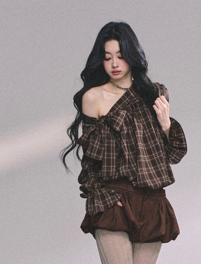 Oblique Shoulder Bow Plaid Shirt DIA0625