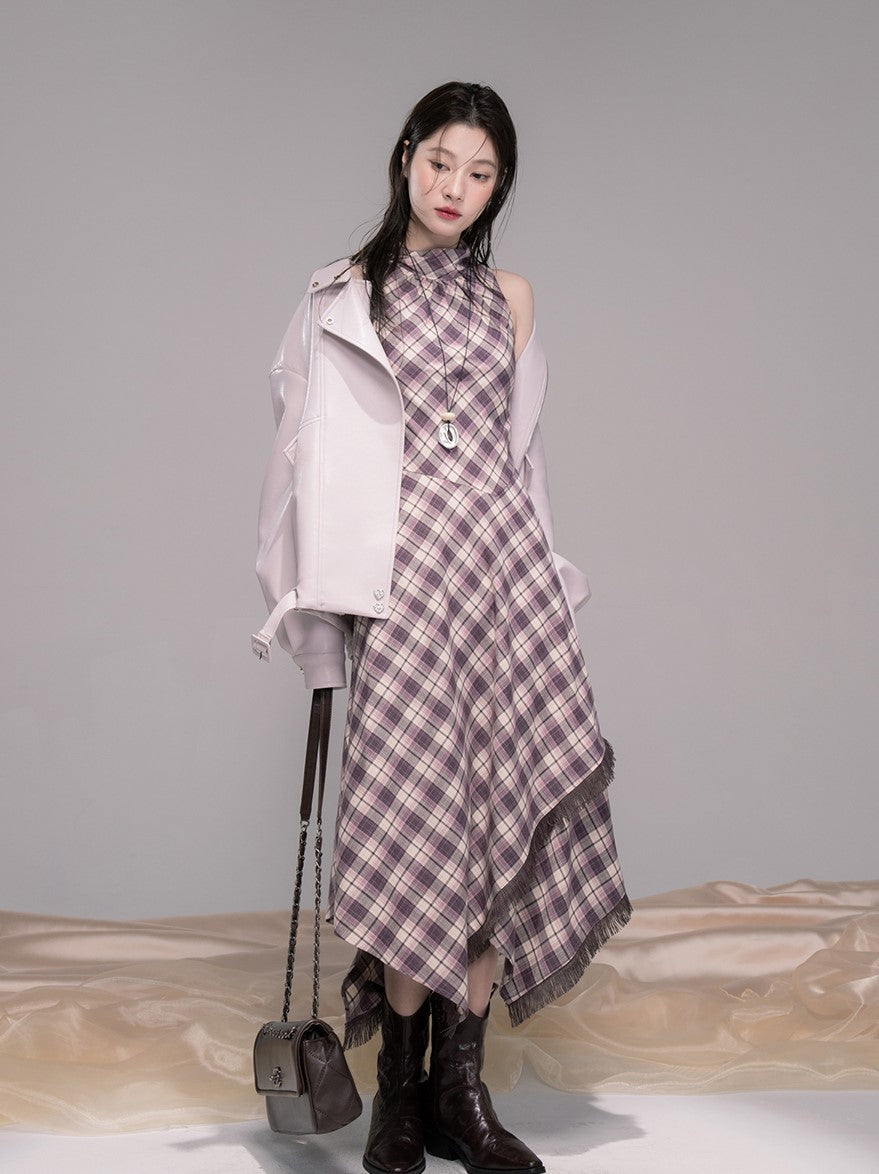 Purple Checkered Pattern Dress COT0347