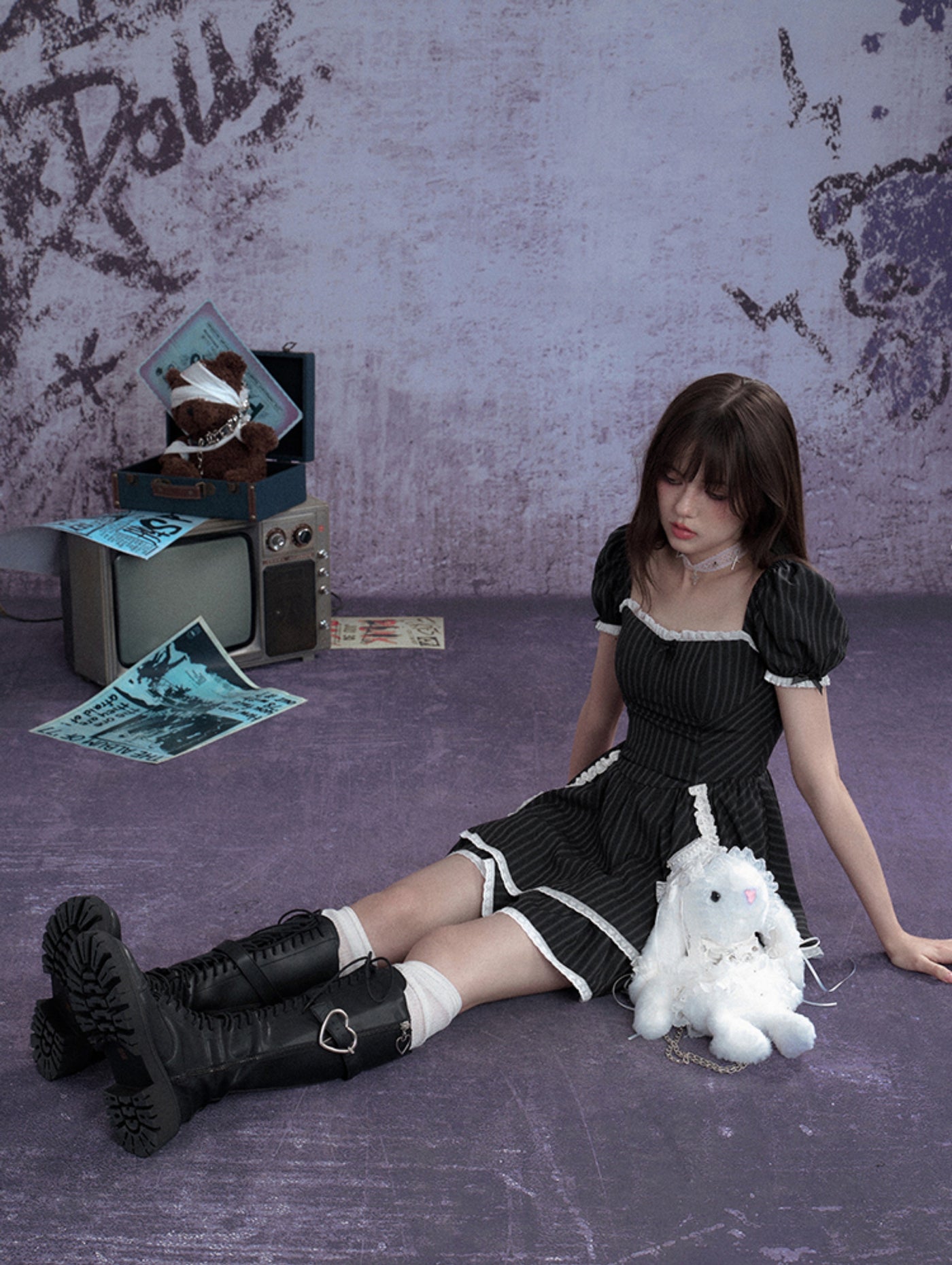 Black Striped Lace Cake Dress SAG0267