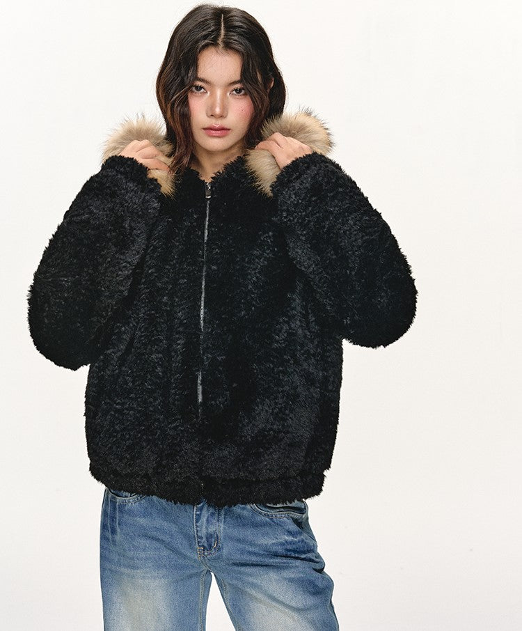 Fur Collar Black Hooded Jacket ANA0108