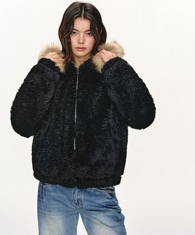 Fur Collar Black Hooded Jacket ANA0108
