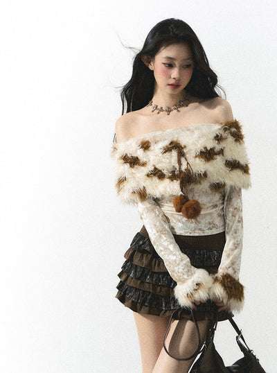 One Shoulder Long Sleeve Fur Tie-Dye Knitted Sweater DIA0250