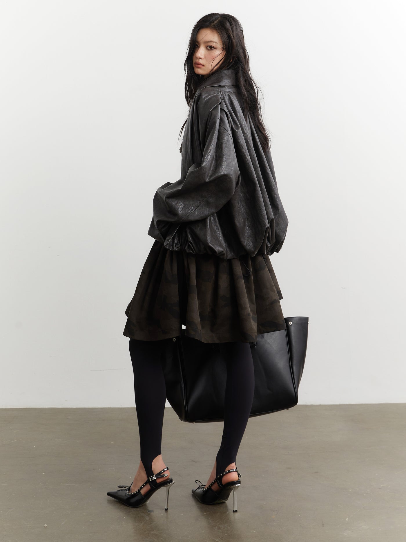 Retro Pleated Silhouette Leather Jacket JNY0255