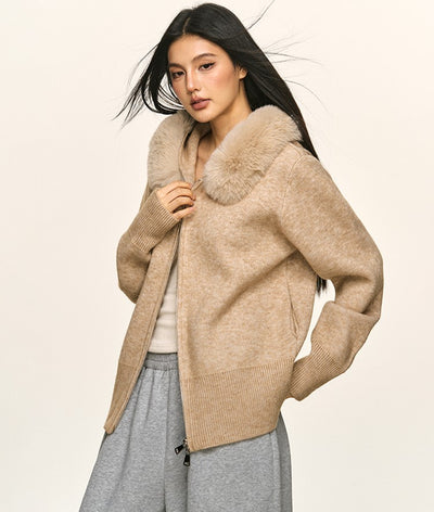 Double Zipper Large Fur Collar Knit Cardigan ANA0094