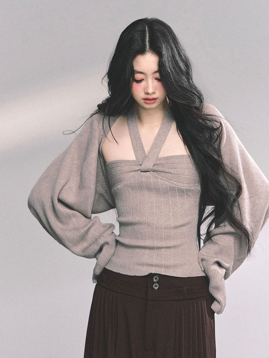 French Knitted Halter Neck Top+Shawl DIA0630