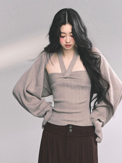 French Knitted Halter Neck Top+Shawl DIA0630