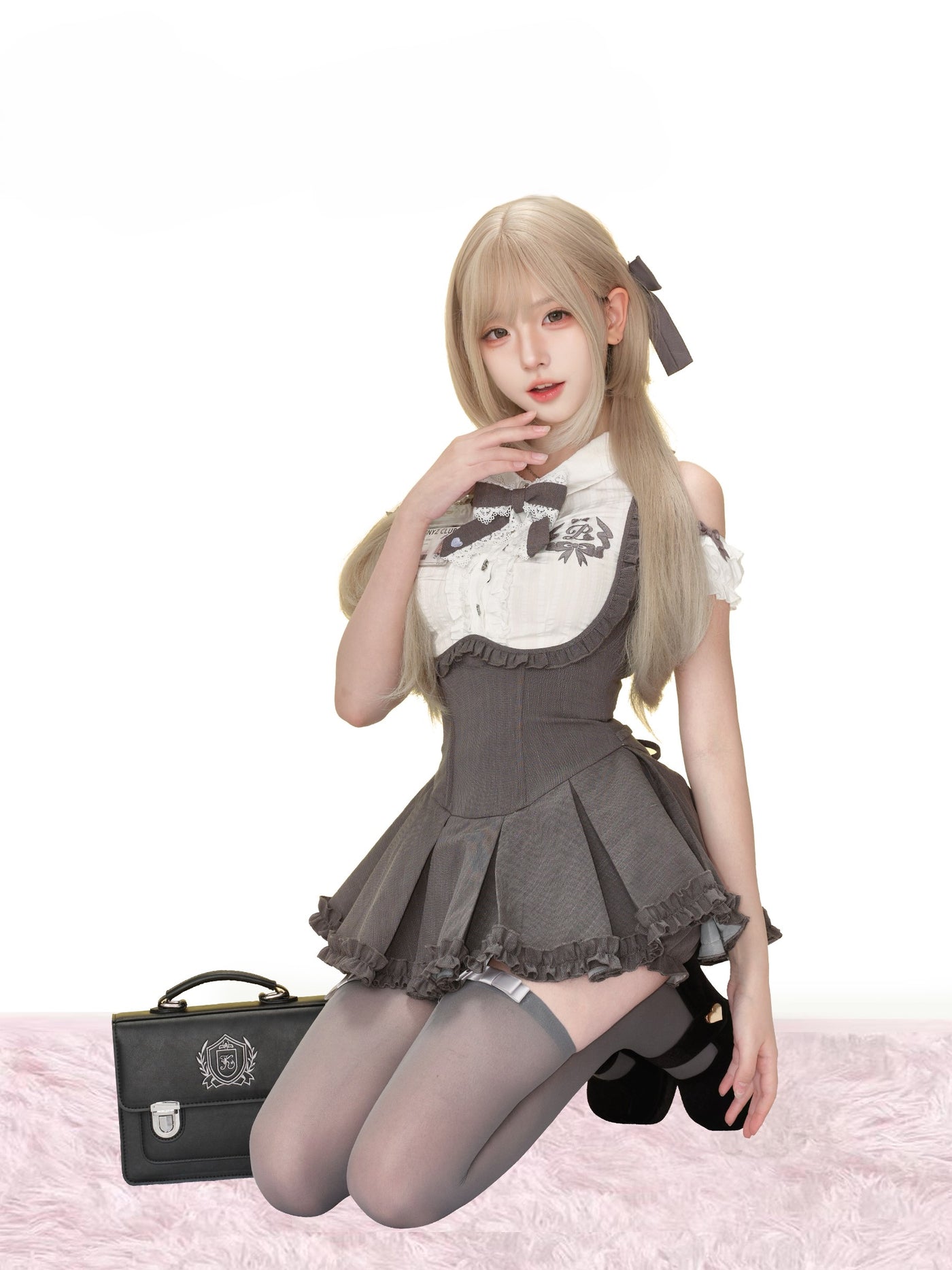 Puff Sleeve Bow Shirt/High Waist Skirt SER0189