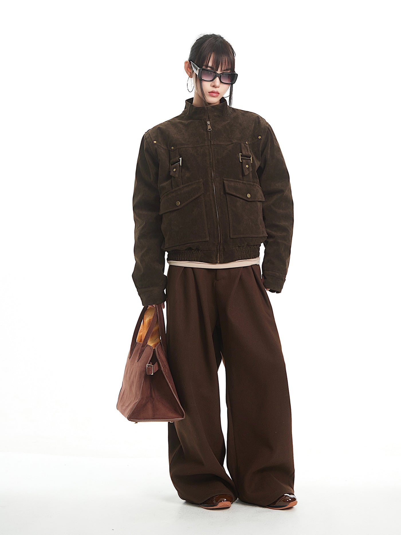 Brown Retro Suede Stand Collar Jacket UNC0330