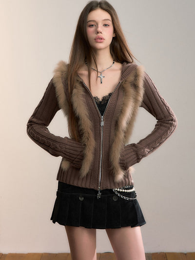 Fur Patchwork Knitted Hooded Cardigan VIA0356