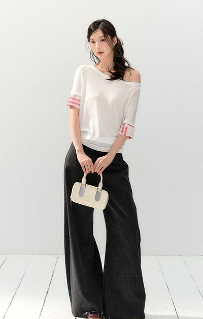 Oblique Shoulder Plaid T-shirt SHI0142