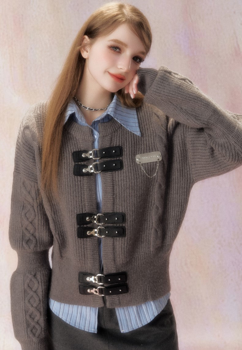 Leather Button Knitted Cardigan SPE0017