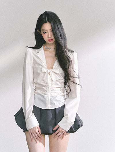 Bow Pleated Slim Shirt DIA0537