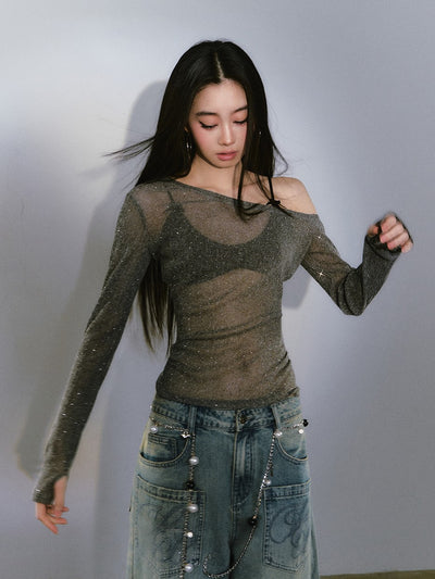 Diamond One Shoulder Long-sleeved T-shirt VIA0340