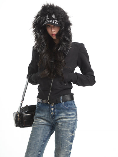 Fur Collar Hooded Sweatshirt Jacket UNC0324