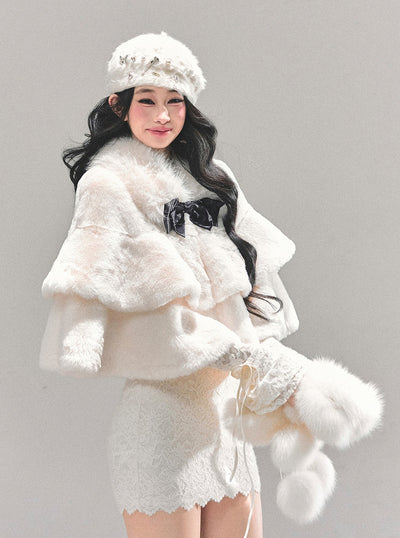 French-style Plush Ribbon Cape Coat DIA0674