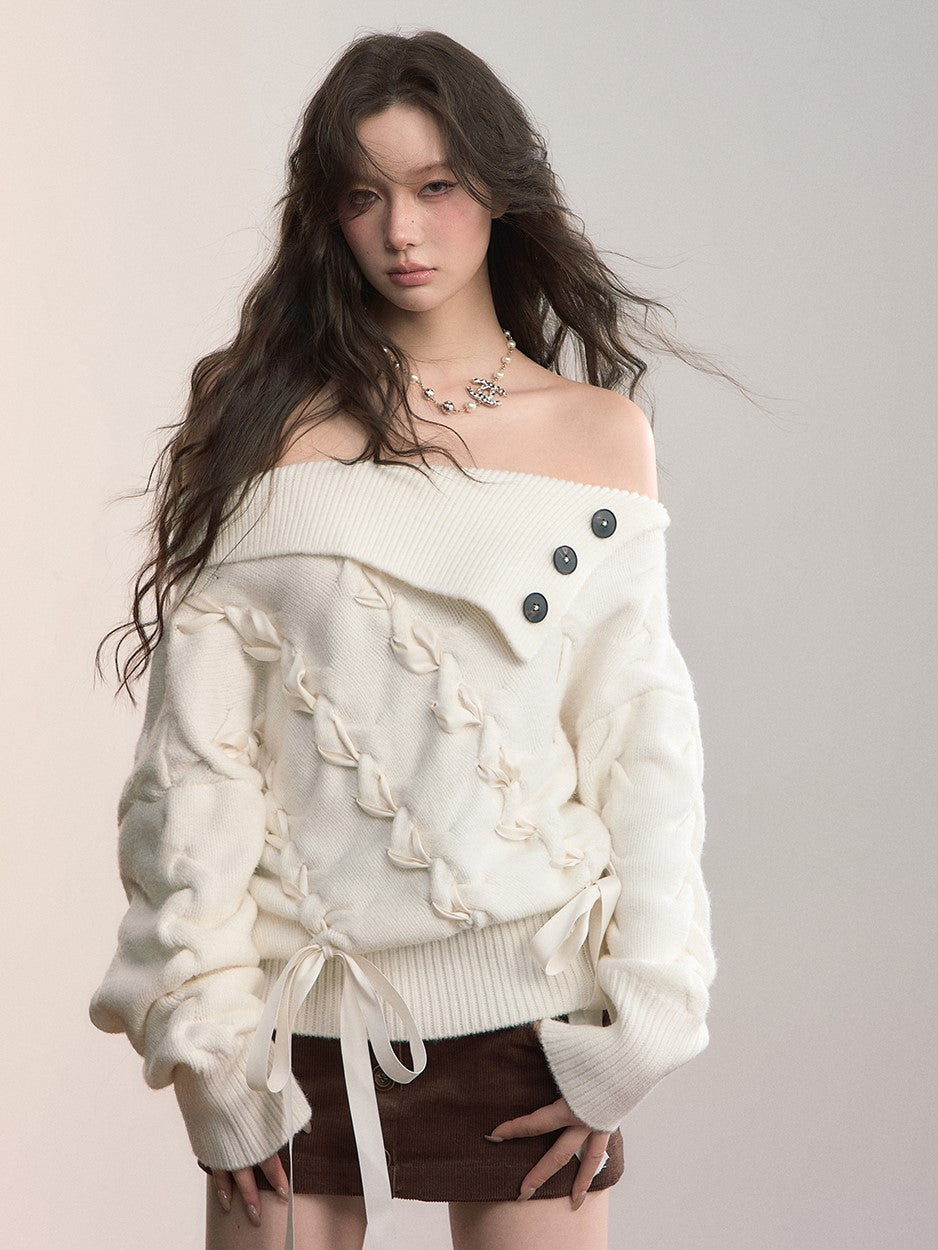 Off-Shoulder Cross-Weave Cable Sweater VIA0369