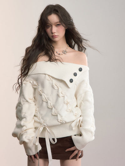 Off-Shoulder Cross-Weave Cable Sweater VIA0369