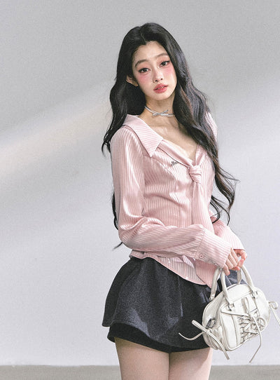 Pink Polo Collar Striped Shirt  DIA0570